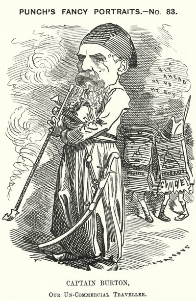 Caricatura de Punch: Richard Burton, explorador, geógrafo y diplomático inglés (grabado) de Edward Linley (after) Sambourne