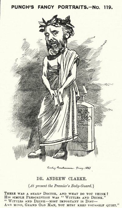 Caricatura de Punch: Sir Andrew Clarke, médico británico, médico de William Ewart Gladstone (grabado) de Edward Linley (after) Sambourne