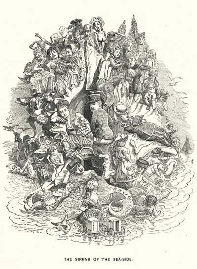 Caricatura de Punch: Las sirenas de la costa - Resorts de vacaciones costeras británicas (grabado) de Edward Linley (after) Sambourne
