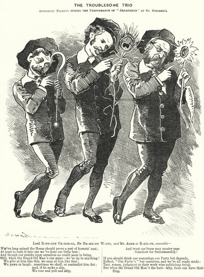 Caricatura de Punch: El trío problemático: Lord Randolph Churchill, Henry Drummond Wolff y Ellis Ashmead-Bartlett, políticos conservadores británicos de Edward Linley (after) Sambourne