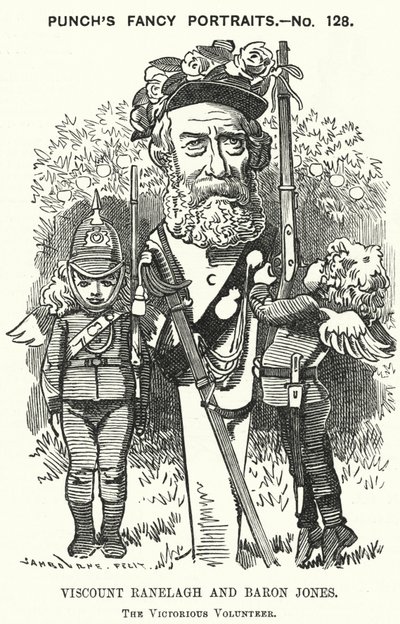 Caricatura de Punch: Thomas Heron Jones, 7º Vizconde Ranelagh y Barón Jones de Navan, promotor del movimiento voluntario para el Ejército Británico (grabado) de Edward Linley (after) Sambourne