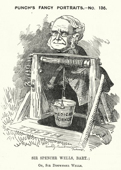 Caricatura de Punch: Thomas Spencer Wells, médico inglés, cirujano de la Reina Victoria (grabado) de Edward Linley (after) Sambourne