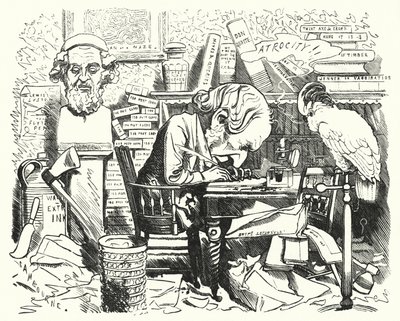 Caricatura de Punch: Escritor trabajando en su estudio (grabado) de Edward Linley (after) Sambourne