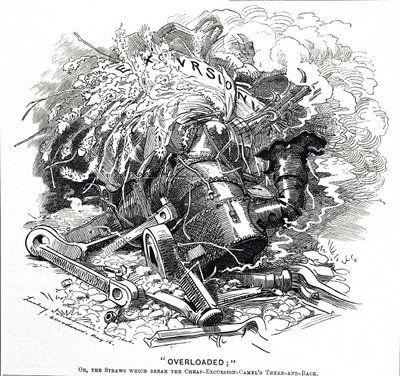 Caricatura titulada "Sobrecargado"; o la paja que rompió la espalda del camello de Edward Linley Sambourne