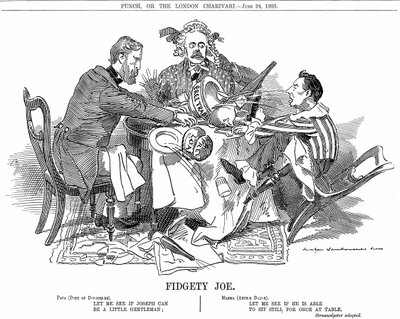 Gobierno de coalición. El duque de Devonshire y Arthur Balfour (centro) tratando de controlar a Joseph Chamberlain, líder del partido menor en la coalición. En septiembre de 1903 renunció para ser libre de abogar por sus reformas arancelarias. Caricatura d de Edward Linley Sambourne