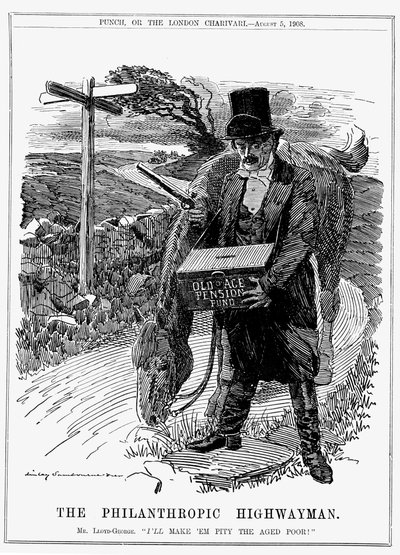 David Lloyd George (1863-1945) estadista liberal británico nacido en Gales. En 1908, como Canciller del Exchequer, Lloyd George introdujo su Ley de Pensiones de Vejez. Caricatura de Edward Linley Sambourne de Punch, Londres, agosto de 1908. de Edward Linley Sambourne