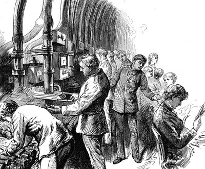Grabado que representa el despacho neumático utilizado por la Oficina General de Correos para transportar paquetes bajo Londres de Edward Linley Sambourne