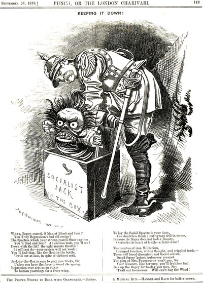 Manteniéndolo abajo. Otto von Bismarck (1815-1898) Canciller de Alemania, tratando de forzar al Jack del Socialismo a volver a su caja. El pie de foto le dice que cada acto de represión actúa como un elixir para el deseo humano de más libertad. Caricatura  de Edward Linley Sambourne
