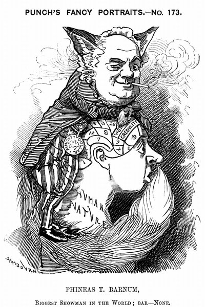 Phineas Taylor Barnum (1810-1891) showman estadounidense: cofundador del circo Barnum y Bailey. Caricatura de Edward Linley Sambourne de Punch Londres 1884 en la serie Fancy Portraits mostrando a Barnum como un astuto zorro explotando el bulto frenológico  de Edward Linley Sambourne