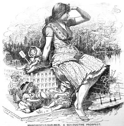 Perspectiva para Manchester tras la aprobación de los planes de Edward Leader Williams para el Canal de Navegación de Manchester. Caricatura de Edward Linley Sambourne de 