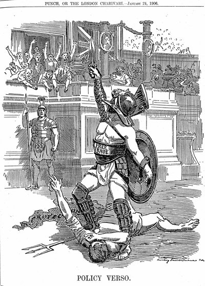 Con el regreso del gobierno liberal en Gran Bretaña, diciembre de 1905, el libre comercio era la política, en lugar de la política conservadora de protección por arancel. Caricatura de Edward Linley Sambourne de Punch Londres 24 de enero de 1906 de Edward Linley Sambourne