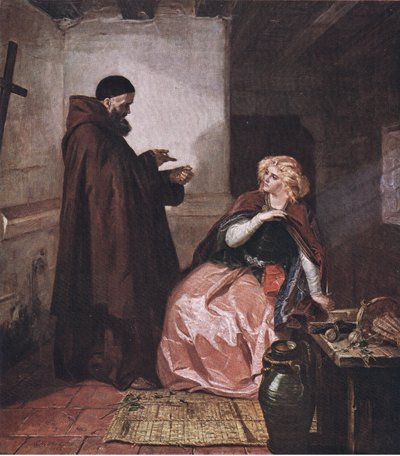 Julieta y el fraile Lorenzo (Romeo y Julieta) Toma el frasco, estando en la cama, y bebe este licor destilado, de The Complete Works of William Shakespeare pub. por J Coker & Co Ltd de Edward Matthew Ward