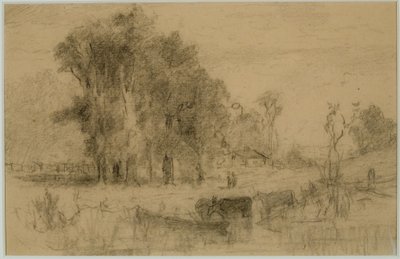 Paisaje, bote de remos y vacas (#57) C. 1880 (grafito sobre papel) de Edward Mitchell Bannister