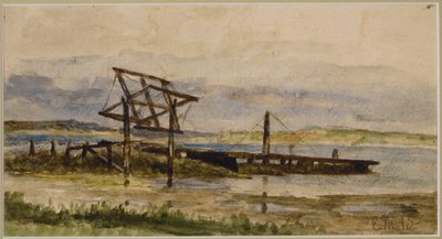 Paisaje con muelle, mar y playa (nº 18), c. 1880 (acuarela sobre papel) de Edward Mitchell Bannister
