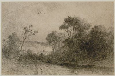 Paisaje con tejados detrás de los árboles (nº 49) c. 1880 (grafito sobre papel) de Edward Mitchell Bannister