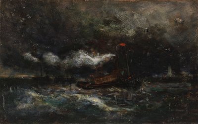 Tormenta, barco de luz de Brenton en tormenta, faro en el fondo, s.f. de Edward Mitchell Bannister