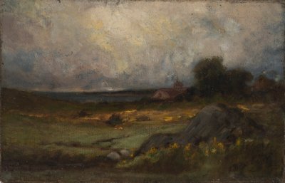 Sin título (paisaje con roca en primer plano y tejado con campanario, lago al fondo) de Edward Mitchell Bannister