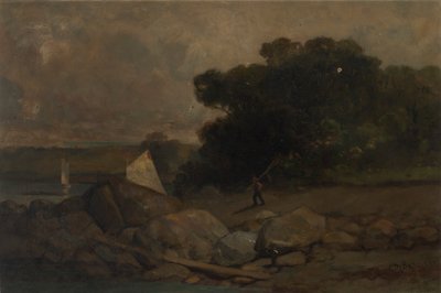 Sin título (paisaje con rocas, hombre y veleros) de Edward Mitchell Bannister