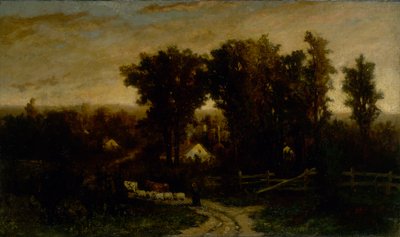 Sin título (mujer con ganado y ovejas al atardecer) de Edward Mitchell Bannister