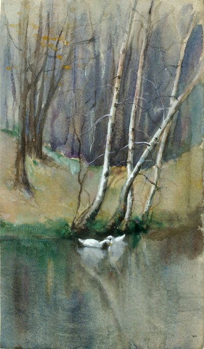 Escena de bosque sin título con abedules y patos de Edward Mitchell Bannister