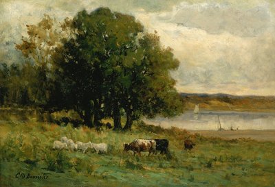 Sin título, ganado cerca del río con velero en la distancia, n.d. de Edward Mitchell Bannister