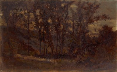 Escena de bosque sin título, árbol caído en primer plano y casa en el fondo de Edward Mitchell Bannister