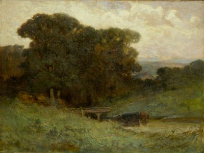 Escena de bosque sin título con puente, vacas en el arroyo en primer plano de Edward Mitchell Bannister