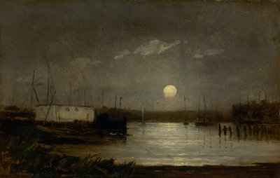 Sin título luna sobre un puerto, escena de muelle con luna llena y mástiles de barcos de Edward Mitchell Bannister