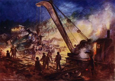 Grúa retirando restos de la escena de un accidente ferroviario (litografia en color) de Edward Parick Kinsella