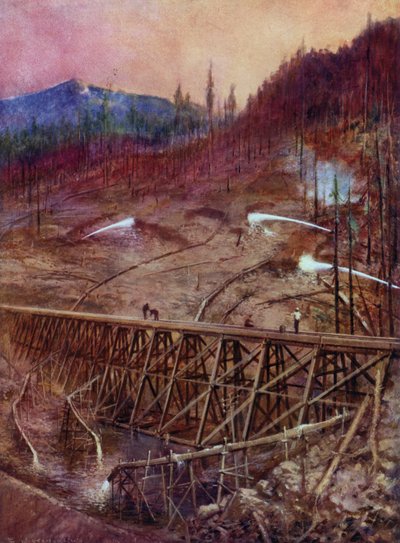 Relleno de un caballete en un ferrocarril mediante canalización hidráulica (litografia en color) de Edward Parick Kinsella