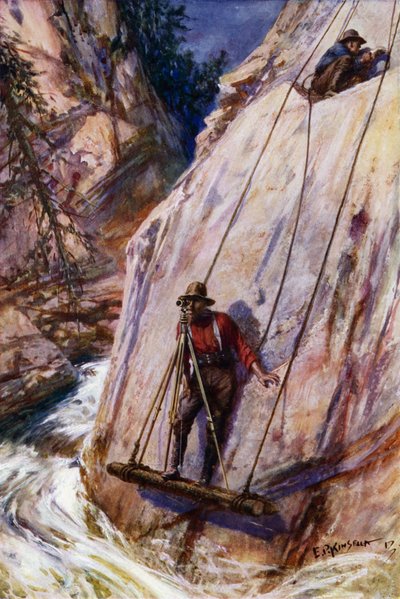 Topógrafos ferroviarios que realizan trabajos precarios en la ruta de un tren de montaña (litografia en color) de Edward Parick Kinsella