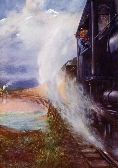 Tren que pasa junto al río Skeena en el Grand Trunk Pacific Railway, Canadá (litografia en color) de Edward Parick Kinsella