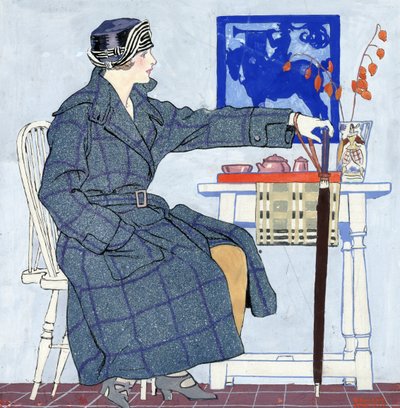 Una joven sentada junto a una mesa sosteniendo un paraguas de Edward Penfield