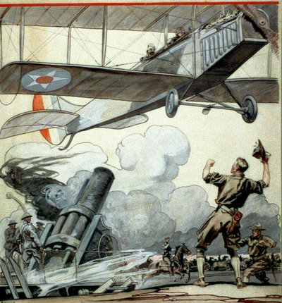 Avión, cañón de artillería y soldados de Edward Penfield
