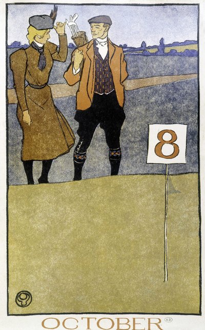 Pareja jugando al golf - en "Calendario de Golf" por Edward Penfield, ed. 1899 de Edward Penfield