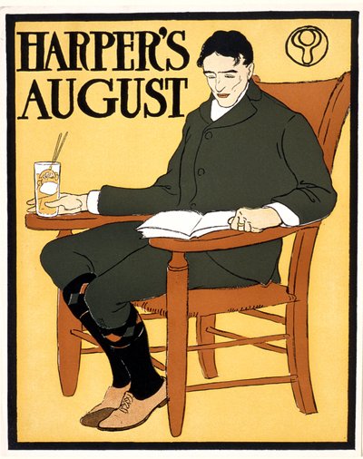 Hombre sentado en una silla naranja, en casa de August Harper de Edward Penfield