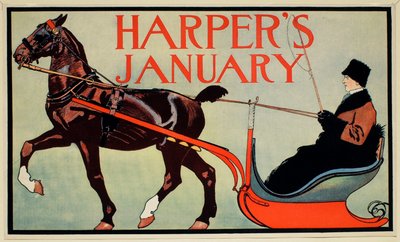 Hombre en trineo tirado por caballos, enero, Harper
