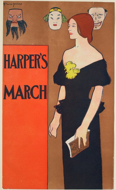 Muchacha de pie con libro, 3 máscaras en la pared, Harper