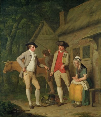 La vaca y los bienes de la viuda Costard, embargados por impuestos, son redimidos por la generosidad de Johnny Pearmain, 1782 de Edward Penny