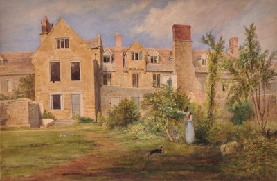 En Nottingham (parte trasera de los edificios de piedra con una mujer, un perro y un rodillo de jardín) de Edward Pretty