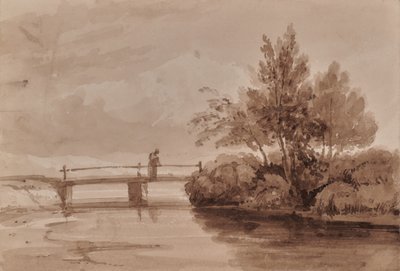 Escena fluvial con puente de madera y figura de Edward Pretty