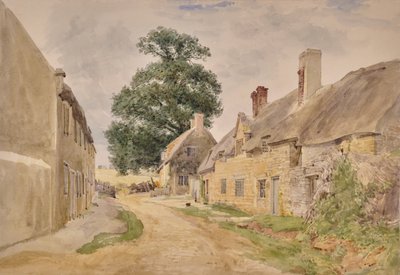 Escena de pueblo, calle entre edificios de paja de Edward Pretty