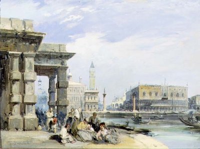 Vista de la Piazzetta y del Palazzo Ducale desde la Dogana di Mare, Venecia (óleo sobre lienzo) (par de 94869) de Edward Pritchett