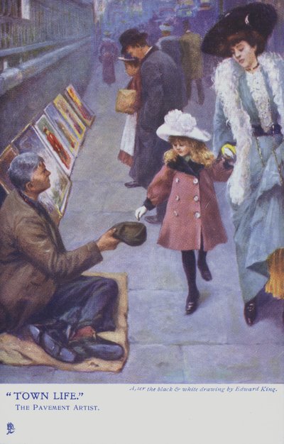 Una niña y su madre dan dinero a un artista callejero de Edward R. King