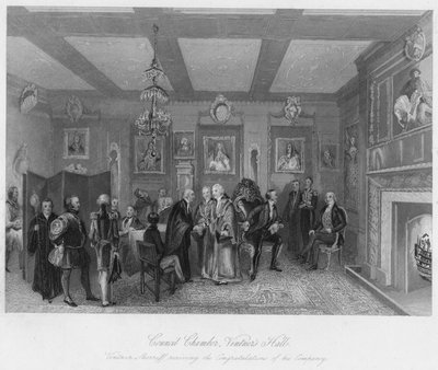 Sala del Consejo, Vintners Hall. Vintner Sherriff recibiendo las felicitaciones de su compañía, c1 de Edward Radclyffe