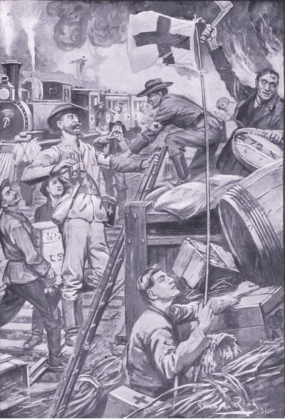 Falsos ambulancieros destruyendo almacenes en Komati Foort bajo la cobertura de la bandera de la Cruz Roja, ilustración de Después de Pretoria: La Guerra de Guerrillas, 1902 de Edward Read
