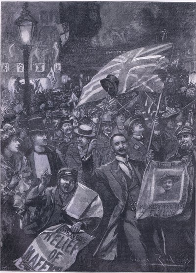 Noche de Mafeking en Londres, ilustración de la Historia de Inglaterra de Cassell, 1900s de Edward Read
