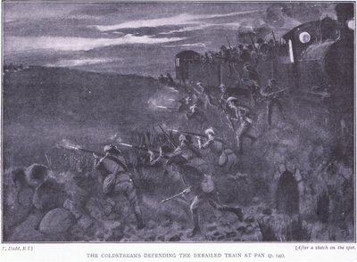 Los Coldstreams defendiendo un tren descarrilado, ilustración de Después de Pretoria: La Guerra de Guerrillas, 1902 de Edward Read