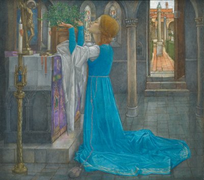 Isabella y la olla de albahaca (témpera sobre lienzo) de Edward Reginald Frampton