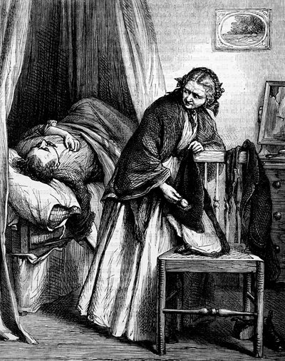 Una casera asegurándose de que su inquilino enfermo tenga dinero o propiedades para pagar su alquiler de Edward Robert Hughes